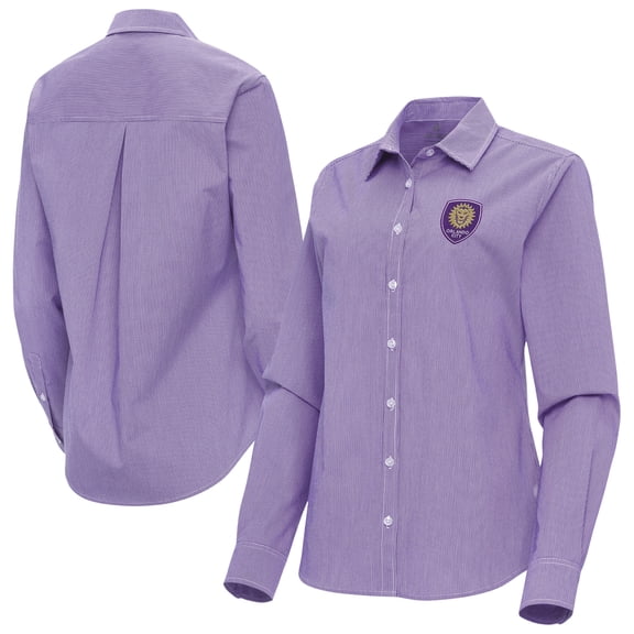 Women's Antigua Purple Orlando City SC Porter Woven Tri-Blend Long Sleeve Button-Up Shirt