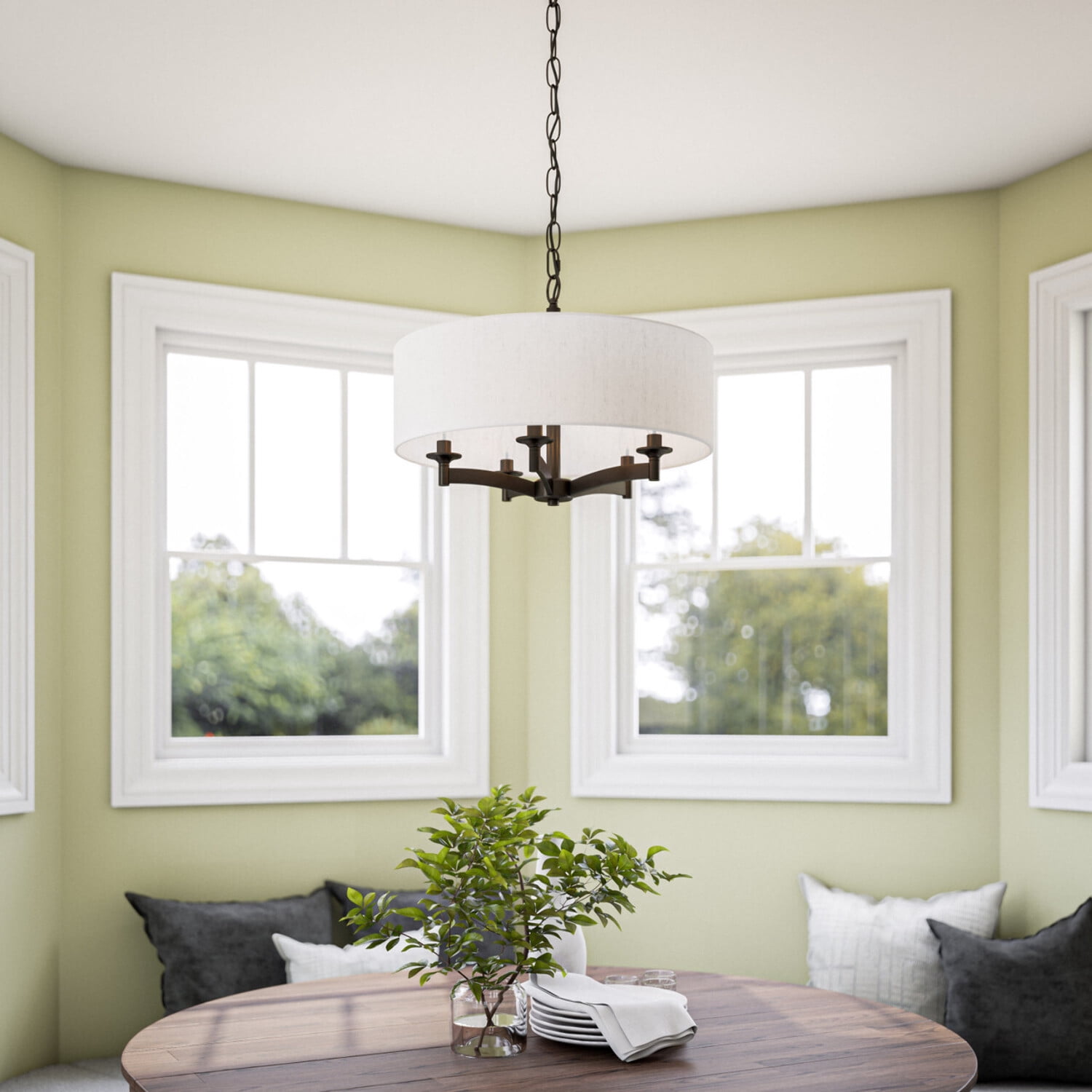 Kenroy Home Rutherford 22'' Pendant Light Fixture with Taupe Fabric Drum Shade for Dining Room, Kitchen Table, Bathroom, Foyer, or Entryway, Oil Rubbed Bronze
