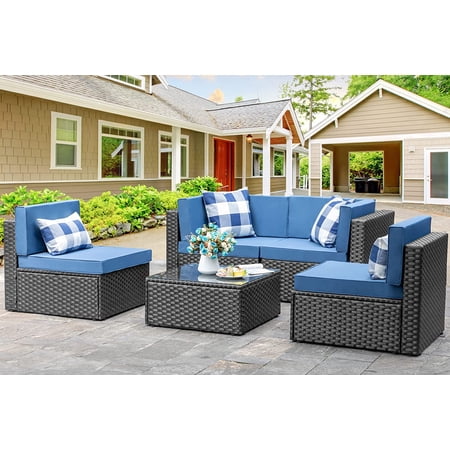 Shintenchi 5 Pieces Outdoor Patio Sectional Sofa Couch Black PE Wicker Furniture Conversation Sets with Washable Cushions & Glass Coffee Table for Garden Poolside Backyard (Aegean