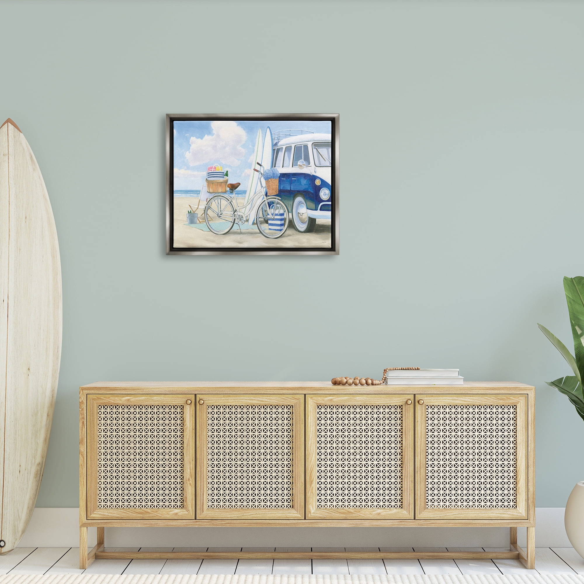 Stupell Industries Bike and Van Beach Nautical Blue White Painting Luster Gray Framed Floating Canvas Wall Art, 24x30, by James Wiens