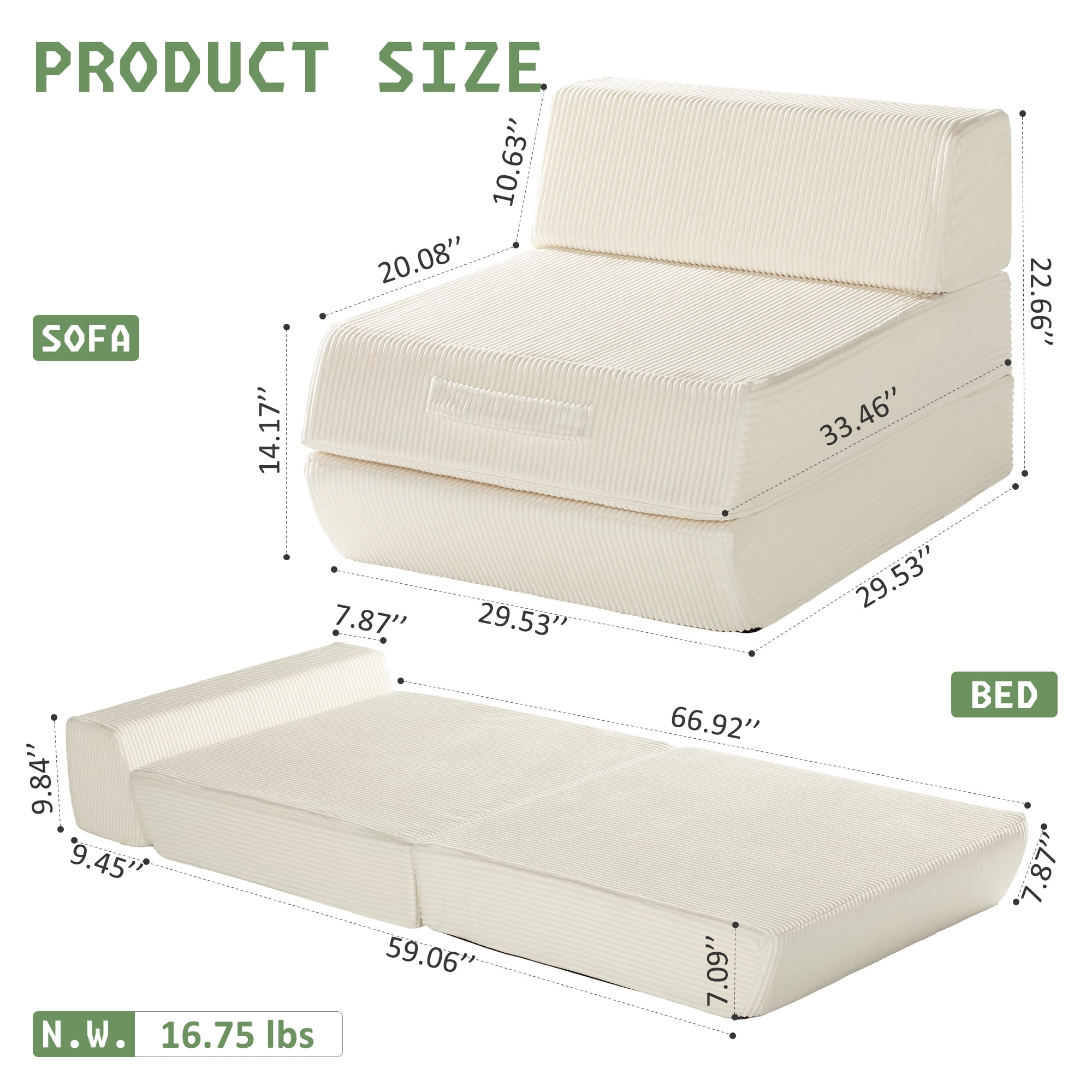 Alvantor Folding Sofa Bed, Convertible Sleeper Chair with Removable Back Pillow and Carry Handles, Portable Fold Out Floor Sofa for Living Room, Bedroom, Dorm, Single, Beige
