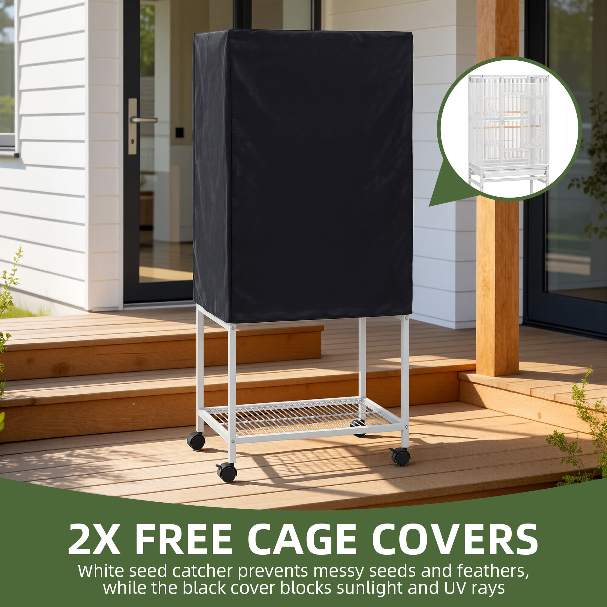 Uforic 53" White Metal Birdcage with Rolling Stand, 2 Perches & 4 Feeders for Small-Medium Birds