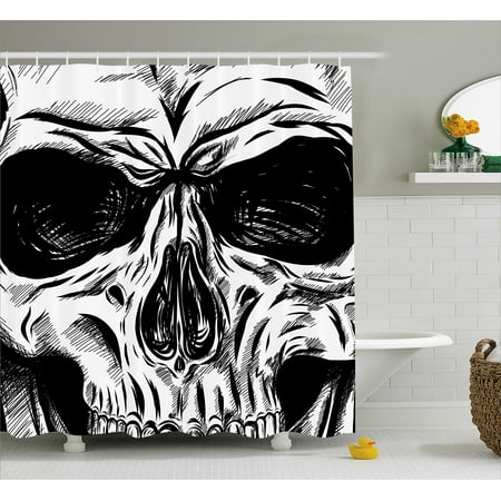 Up Shower Curtain Halloween Shower Curtain, Gothic Dead Skull Face Close Up Sketch Evil Anatomy Skeleton Artsy Illustration, Fabric Bathroom Set with Hooks, Black White, by Ambesonne ()
