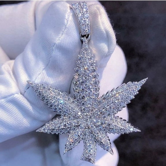 14k White Gold Plated Moissanite 2 Ct Round Cut Men's Marijuana Leaf Pendant