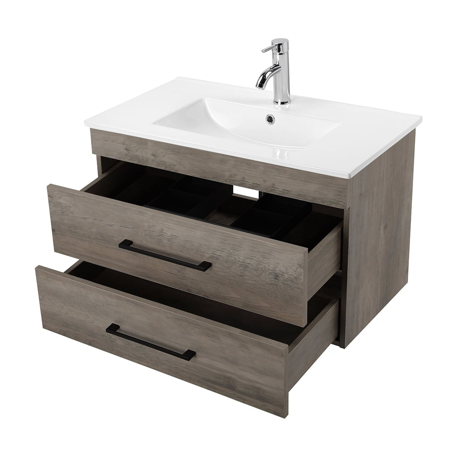 Demi Bonn 32" Wood Grain Wall-Mounted Bathroom Vanity with Ceramic Sink and 2 Soft-Close Drawers, Faucets and Drains Not Included, Gray