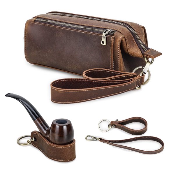 Hiram Small Zippered Pouch Bag with Wrist Strap, Leather Travel Storage Clutch Case for 2 Pipes and Tobacco Accessories, Dark Brown
