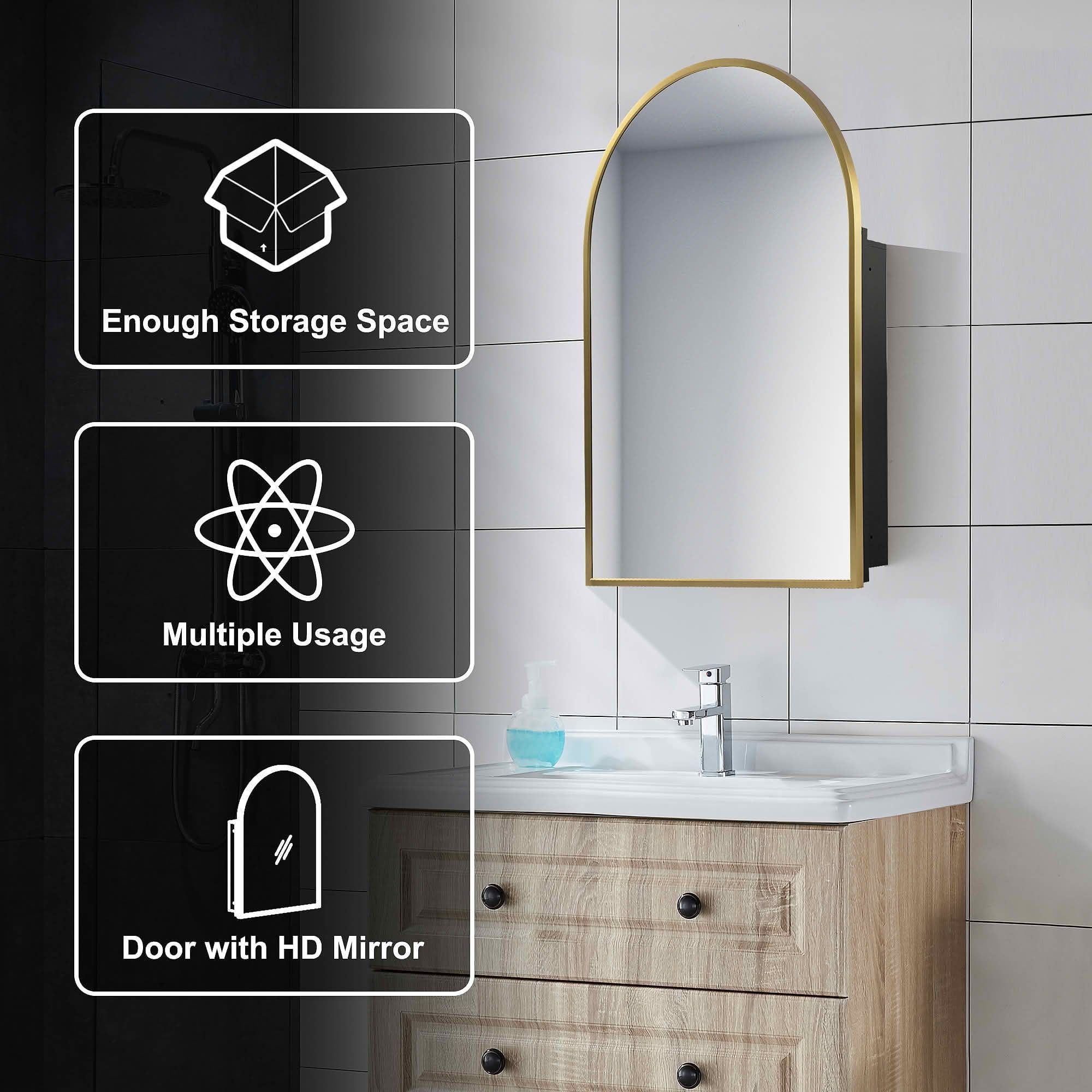 MAYEERTY 36x24x5 Inch Gold Metal Right Angle Arched Medicine Cabinet, Single Piece for Bathroom