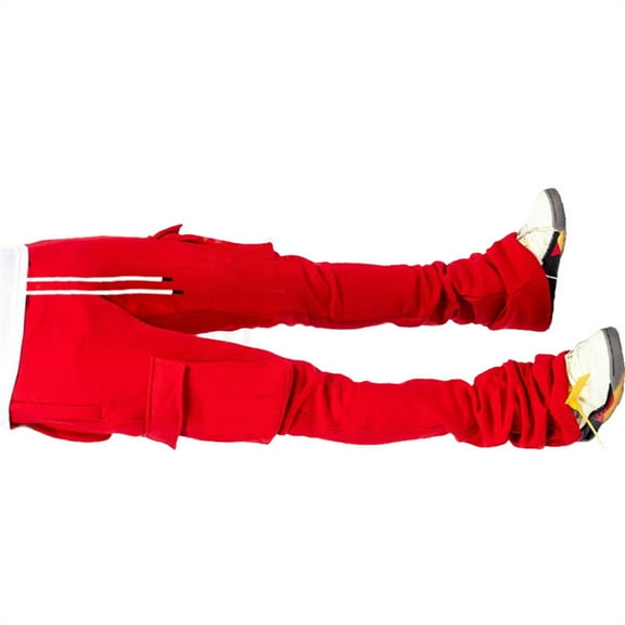 Men Casual Drawstring Waist Joggers Sweatpants Solid Color Flared Pile Up Stacked Cargo Pants Trouser with Multi Pockets