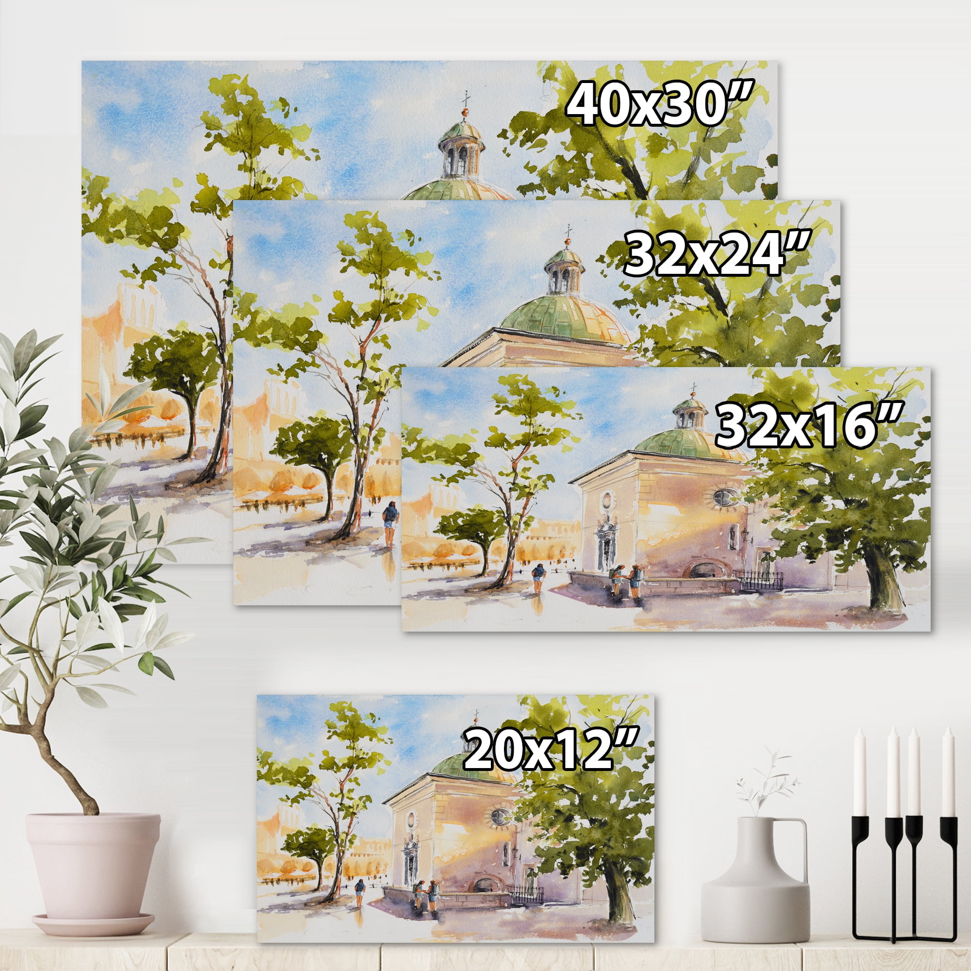 People At Rustic Church In The Village 8 in x 12 in Painting Canvas Art Print, by Designart