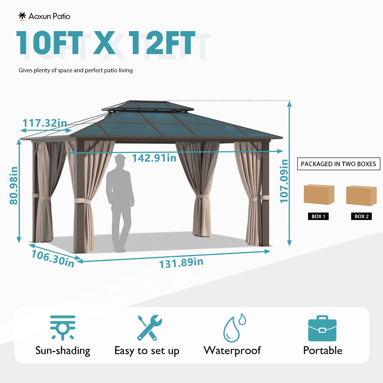  Aoxun 10'x13' Hardtop Gazebo, Outdoor Polycarbonate Double  Roof Gazebo with Aluminum Frame Permanent Pavilion and Curtains & Netting  for Backyard, Patio, Deck, Parties (Brown) : Patio, Lawn & Garden