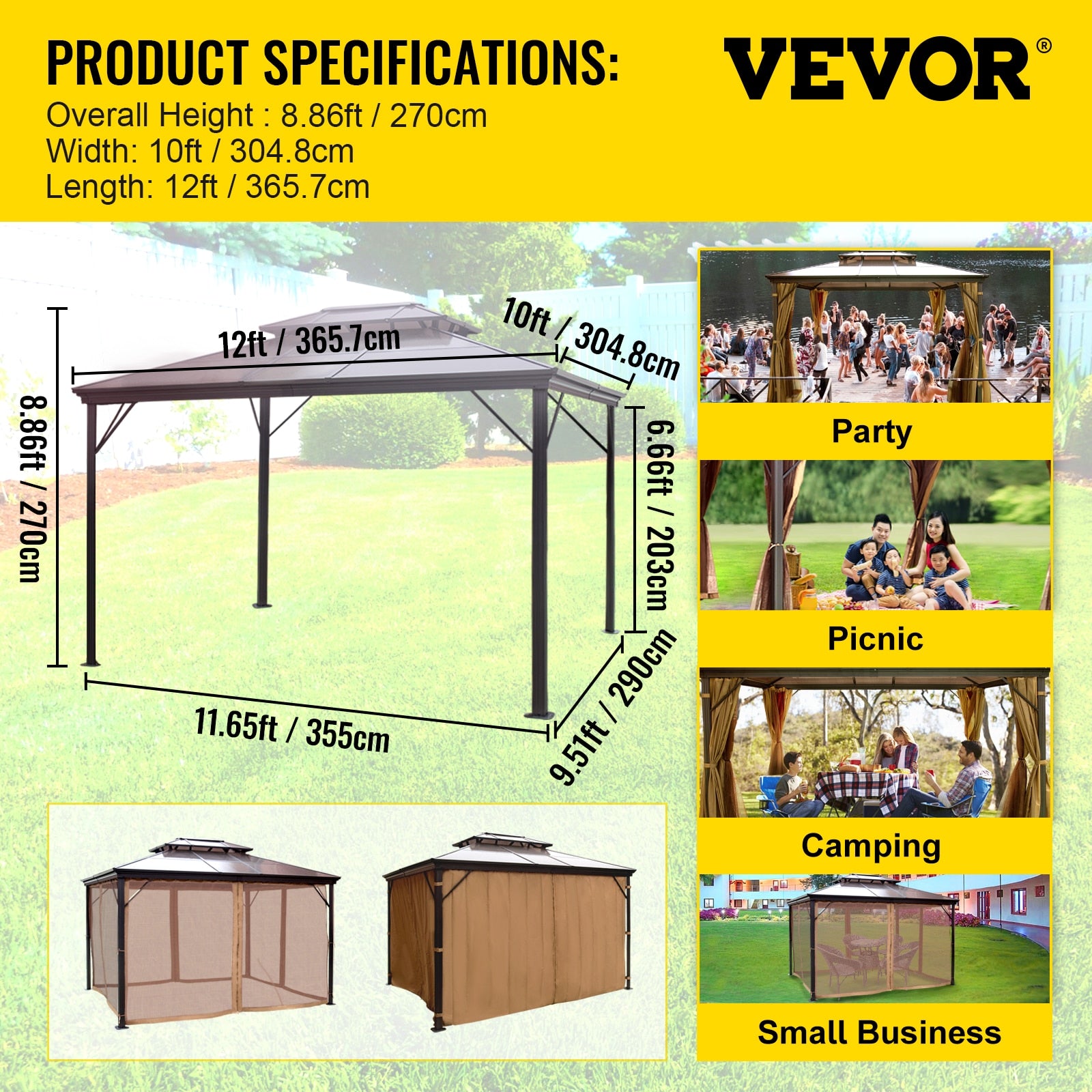 VEVOR Tent Gazebo Canopy 10x12Ft Hardtop Outdoor