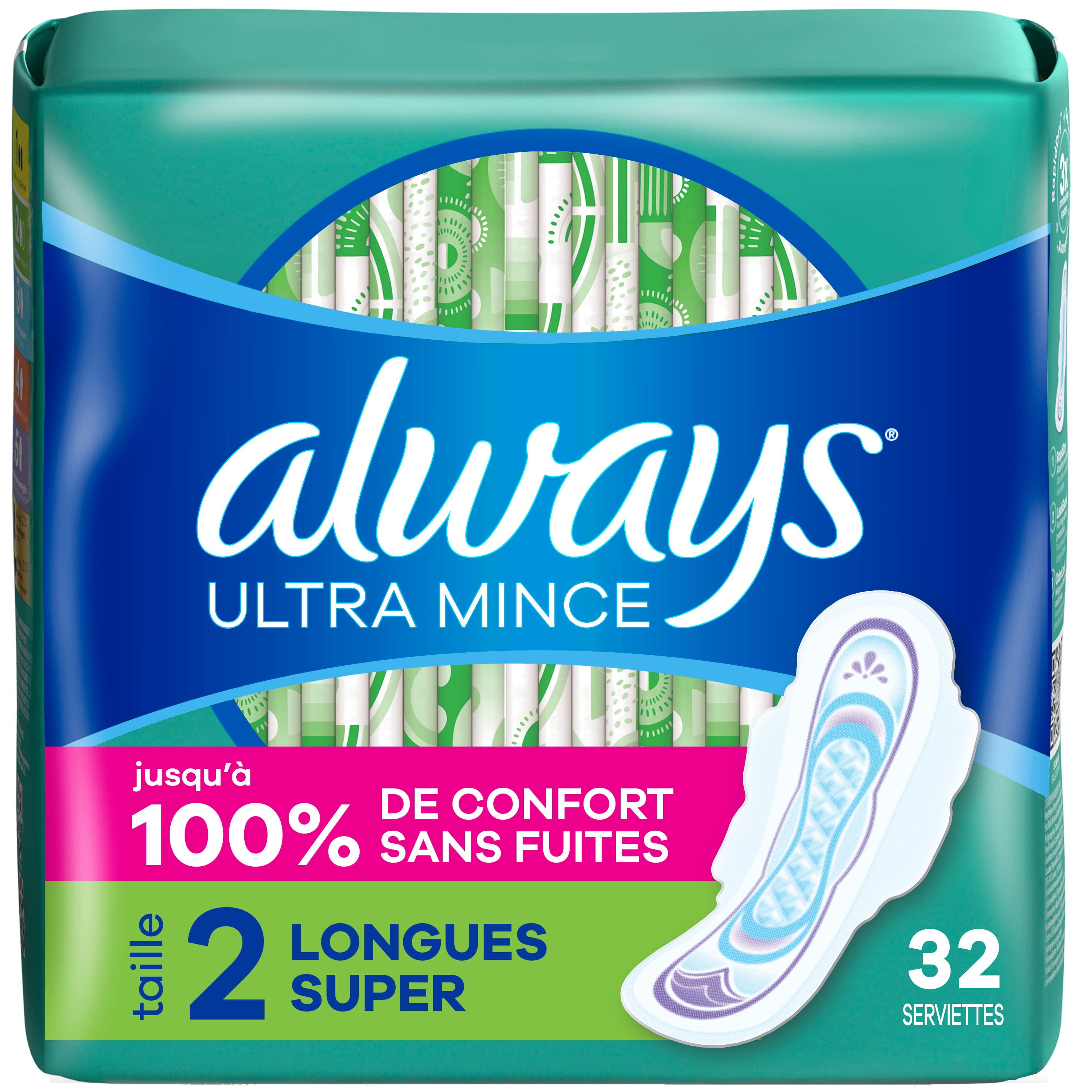 Always Ultra Thin Feminine Pads with Wings for Women, Size 2, Long Super Absorbency, Unscented, 32 Count