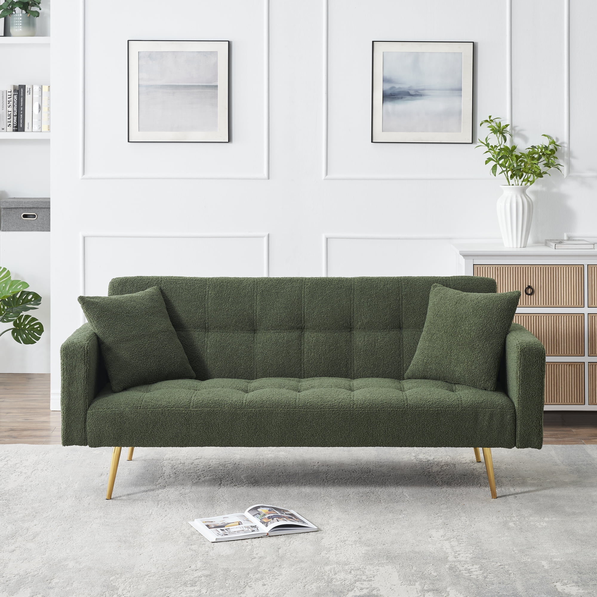 71" W Teddy Convertible Futon Sofa Bed,Modern Upholstered Loveseat Sofa Couch for Living Room,Small Space,Green