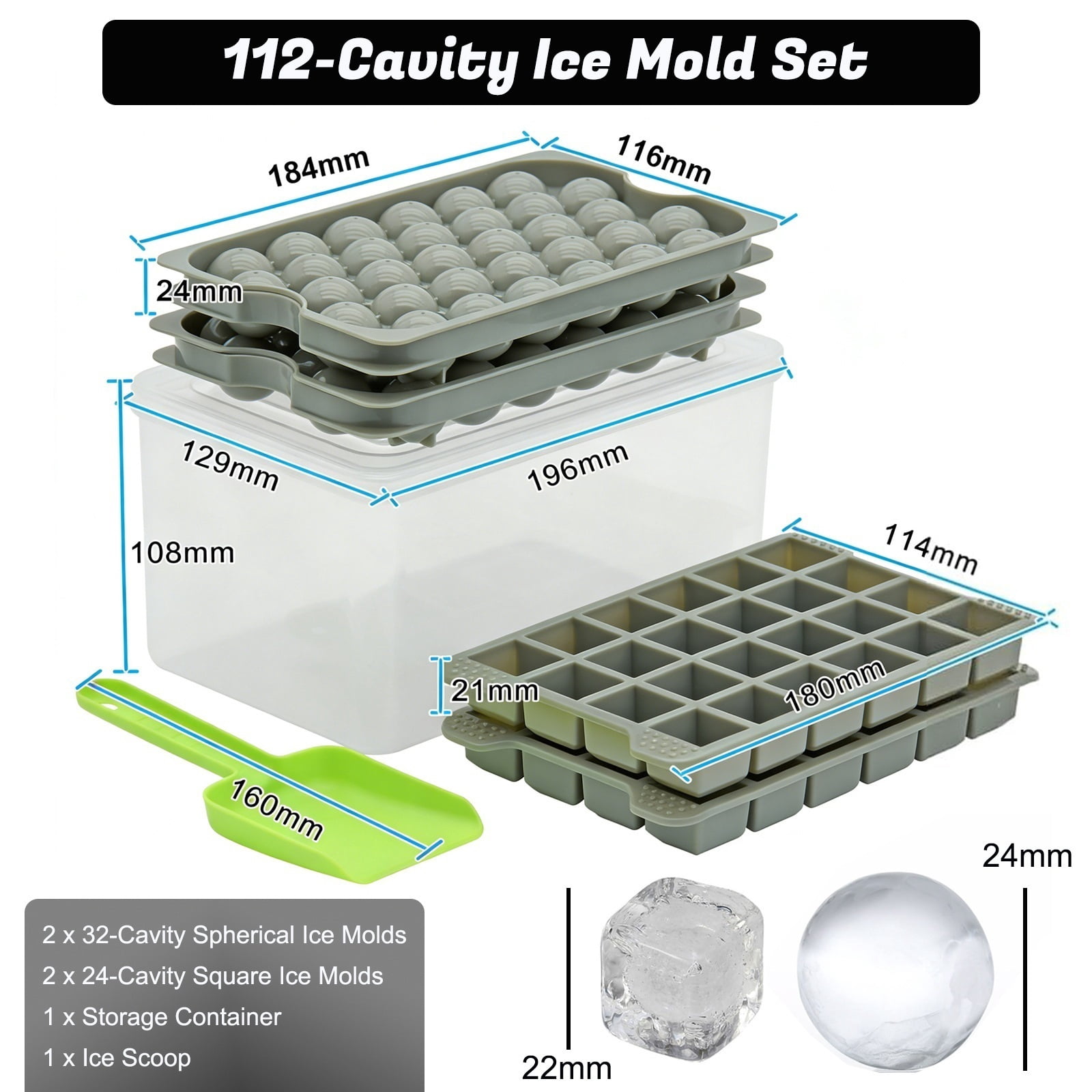 Ice Cube Tray Set with Container & Scoop  4 Pack Silicone Ice Maker for Cocktails, Whiskey, and Coffee, Easy-Release & Stackable