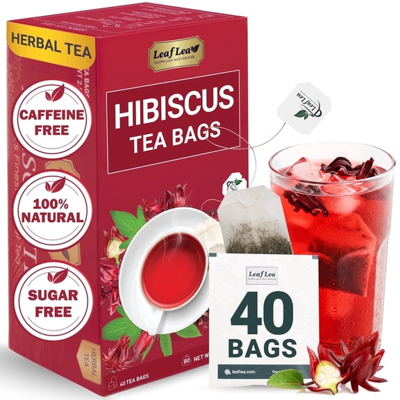 LeafLea 40 Premium Natural Hibiscus Tea Bags, 100% Pure from Hibiscus Flowers, Caffeine-Free Herbal Tea, Hibiscus Flower Tea Rich in Natural Goodness and Flavor, No Sugar, Gluten-Free, Vegan