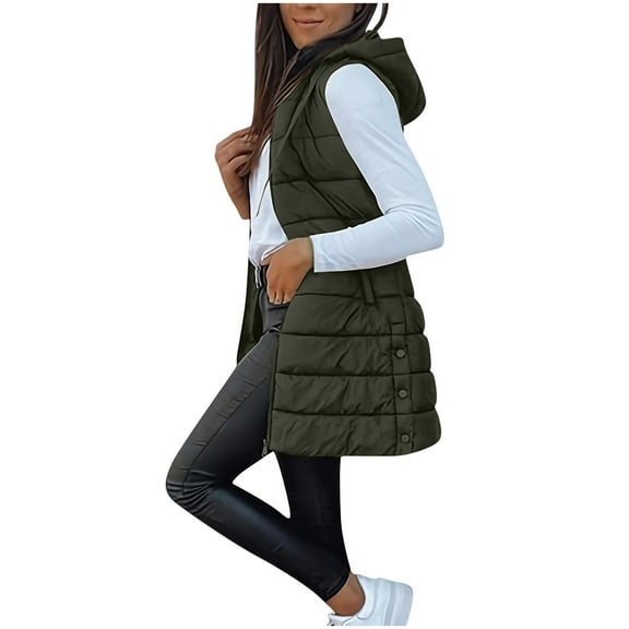 MaFYtyTPR Puffer Vest for Women Women's Casual Winter Long Hooded Sleeveless Puffy Jackets Coat With Pockets Army Green L
