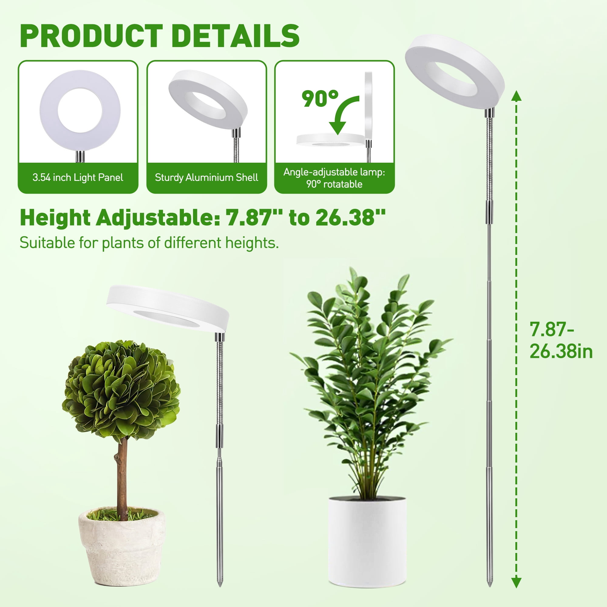 GPED Plant Grow Light, LED Growing Light for Indoor Plants, Full Spectrum Desk Growth Lamp w/ Automatic Timer(3/9/12Hrs) & Height Adjustable, 10 Dimmable Brightness for Small Plants, 2 Packs, White