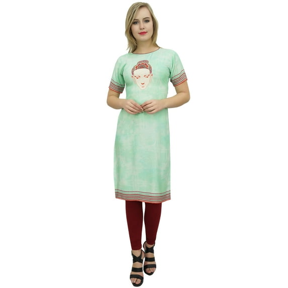 Bimba Women's Tunic Buddha Print Kurti Kurta Green Casual Summer Clothing-18