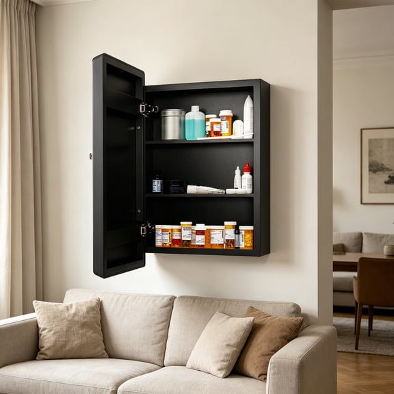 24"x16" Farmhouse Wood Frame Bathroom Medicine Cabinet with Mirror, Recess or Surface Mount, Black
