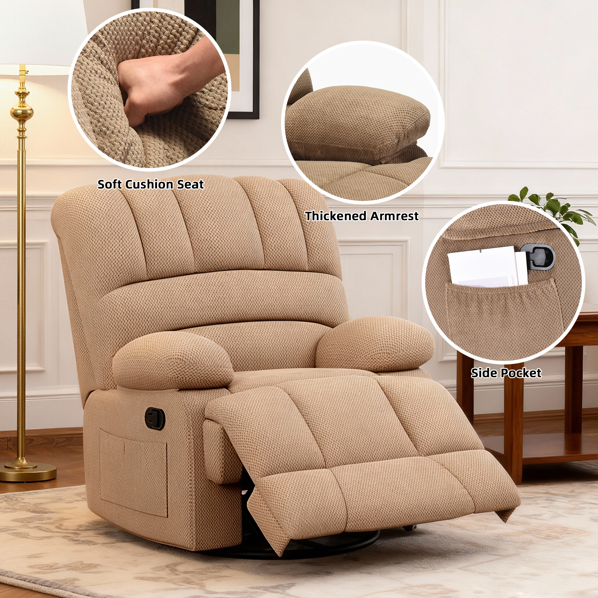 MAYEERTY Light Camel Oversized Swivel Rocker Recliner Sofa for Adults, Velvet, Perfect for Living Room