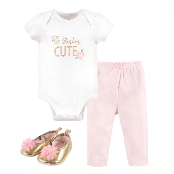 Little Treasure Baby Girl Cotton Bodysuit, Pant and Shoe 3pc Set, Stinkin Cute, 0-3 Months
