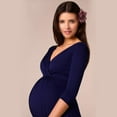 thumbnail image 4 of Robe de Maternité pour Femmes, Robe de Grossesse à Manches 3/4, Col en V Froncé, Bleu Foncé, Jupe de Maternité, 4 of 6