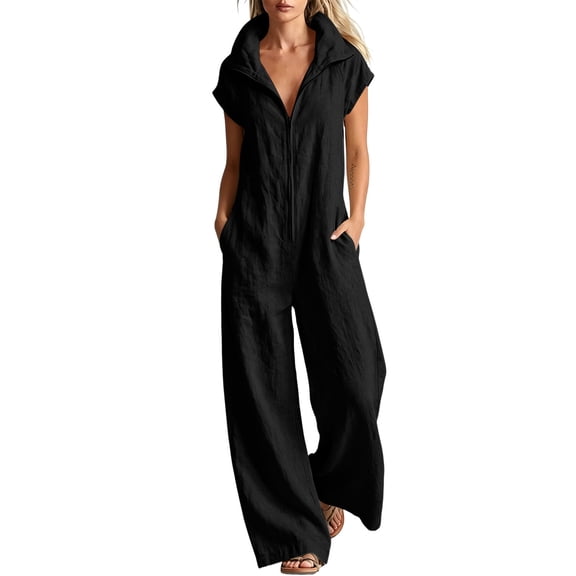 Cmfcve One Piece Jumpsuit for Women Cotton Blend Short Sleeve Zip Up Rompers Outfit Collared Wide Leg Full Length Palazzo Pants with Pockets