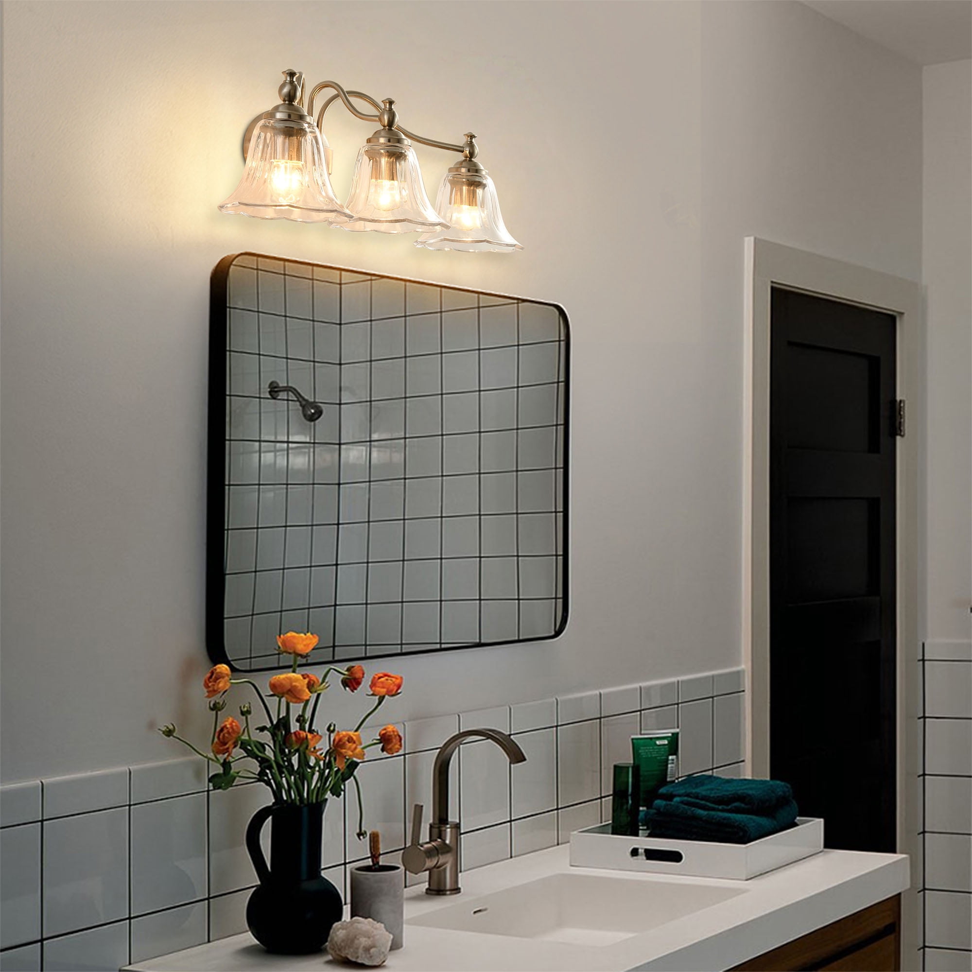 Silver 23 in Modern Bathroom Vanity Light Dimmable LED Light for Bathroom  Living Room Bedroom Light Fixture，Mirror Light with Glass Shade