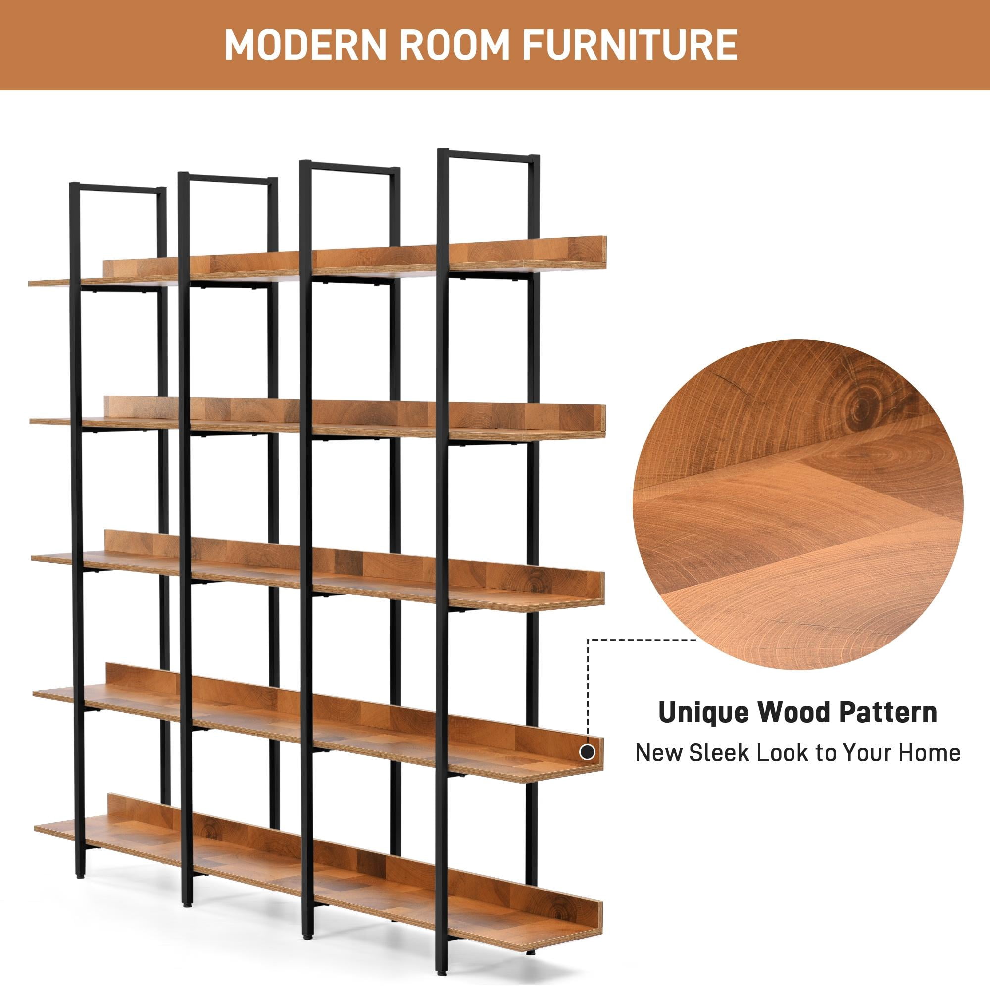 PORKISS 5 Tier Bookcase, Wood & Steel Open Bookshelf with Metal Frame, Square Vintage Industrial Style Tall Bookshelf, Modern Freestanding Etagere Bookcase for Home Office, Black/Brown