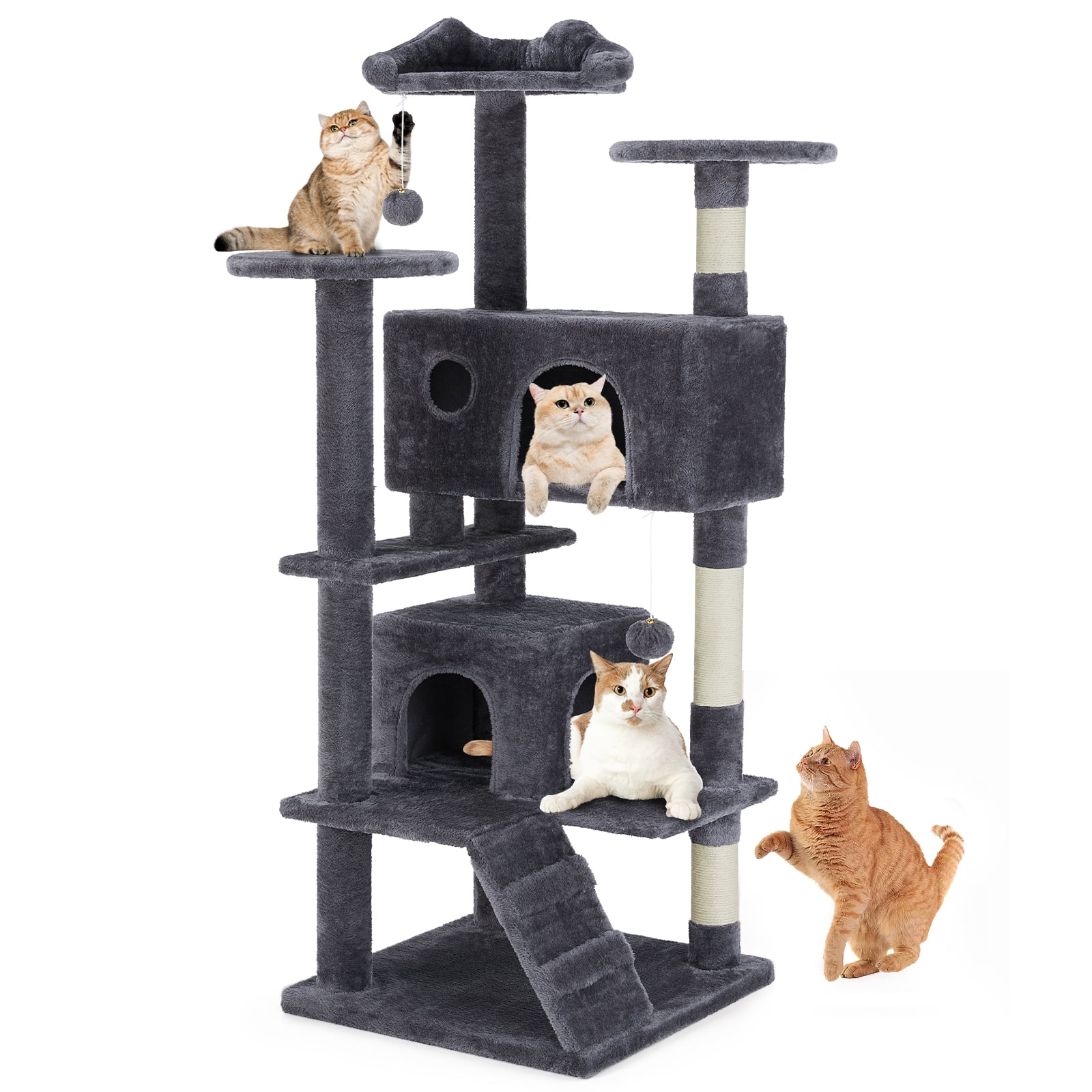 Cat Tree, 54-Inch Cat Tower with Sisal Scratching Post, Multi-Level Plush Cat Tree with Climbing Ladder, Dark Gray
