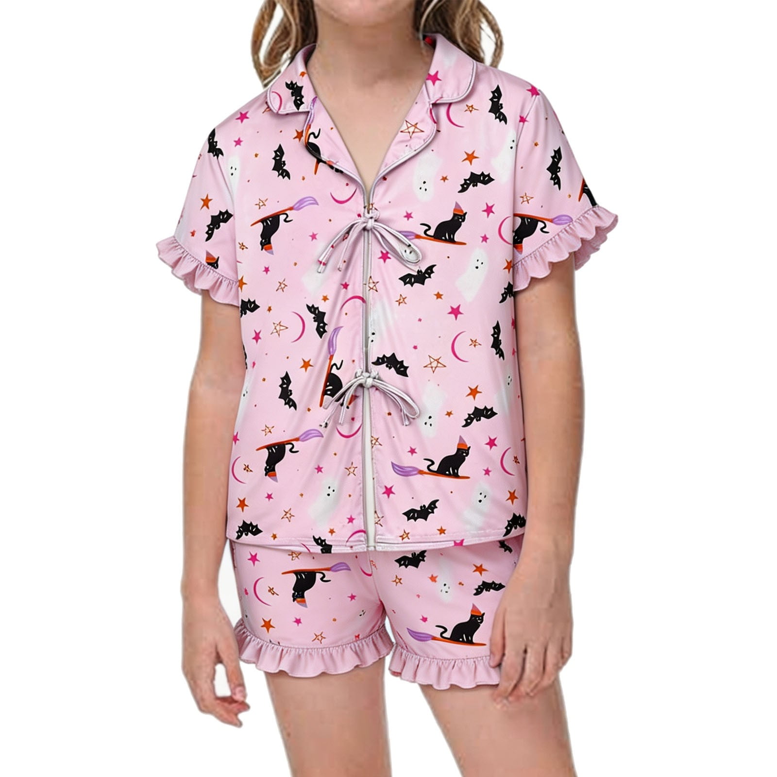 WhouRiu Halloween Toddler Girls Pajamas Cute Witch Cat Moon Print Lapel Collar Tie Front Ruffle Short Sleeve Tops Elastic Waist Shorts 2Pcs Comfy Loungewear Pjs Outfits 3-13 Years
