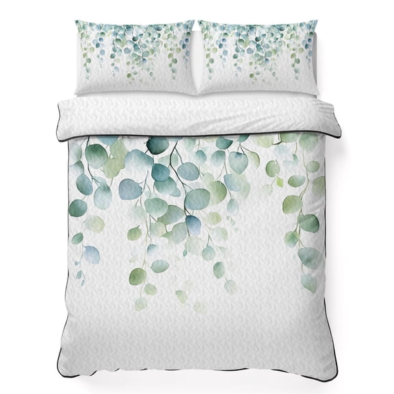 Twin XL Quilt Set 68''x98'', Sage Green Eucalyptus Lightweight Summer Bedspread Coverlet Set with 2 Pillow Shams, Watercolor Botanical Leaves Breathable All Season Quilt Bedding for Dorm/Guest Room