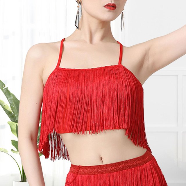 Top corto de baile con flecos y borlas Yinane Rojo XL