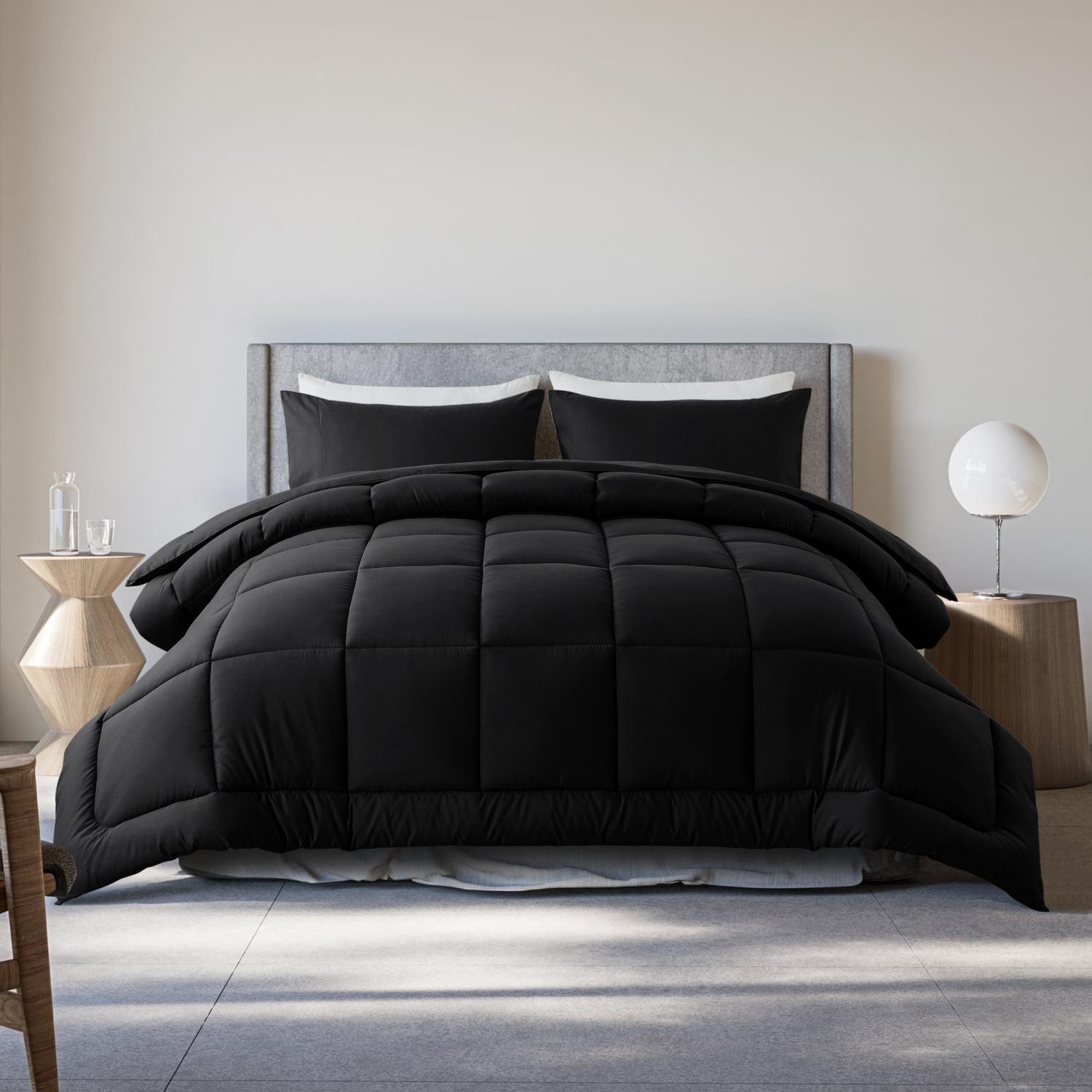 Queen Size 3-Piece All-Season Down Alternative Comforter Set Deep Black (Comforter and Pillowcase Bedding Set / bed in a bag) for Adults and Teens by KINMEROOM
