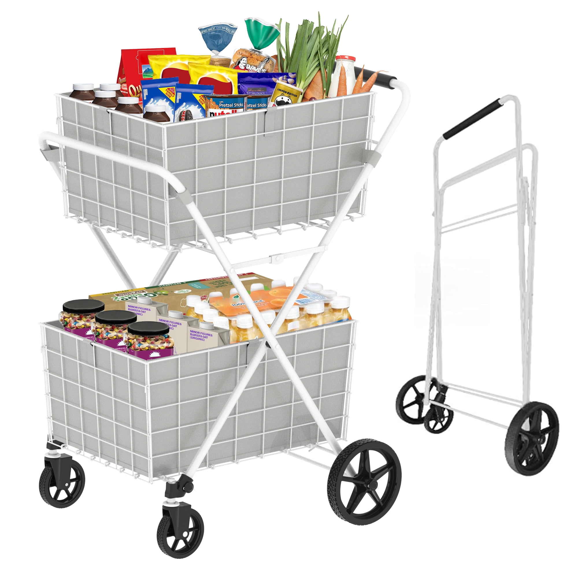 Yoneston 2-Tier Rolling Shopping Cart with 2 × 60L Baskets, 220 LBS Load Capacity Foldable Utility Cart for Groceries, Laundry, Kitchen, White