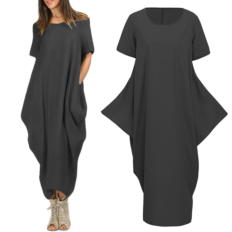 Plus Size Dress for Women Loose O Neck Short Sleeve Solid Casual Maxi Dresses with Side Pocket