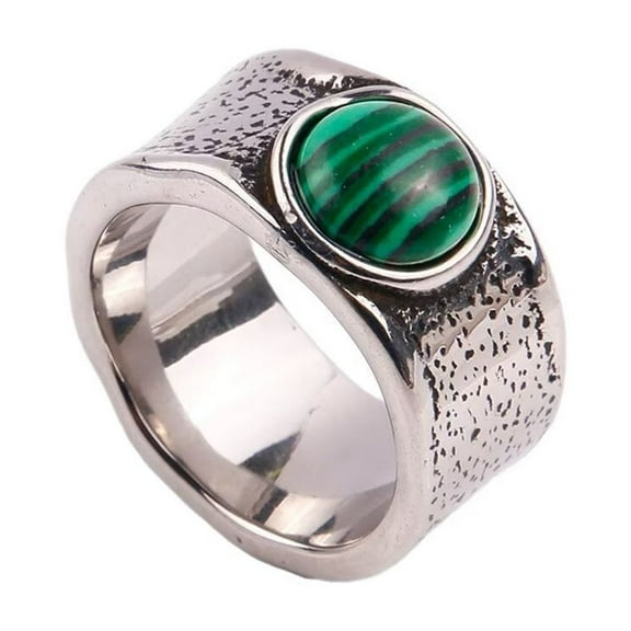 PAMTIER Unisex Stainless Steel Vintage Personality Round Cut Dark Green Gemstone Synthetic Turquoise Biker Ring Statement Wedding Band Silver Size 7