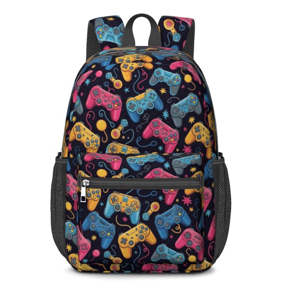 Game Controller Black Pattern 17" School Backpacks for Teens,Waterproof Oxford Fabric,S-Shape Padded Straps for School,Travel,Hiking,Camping