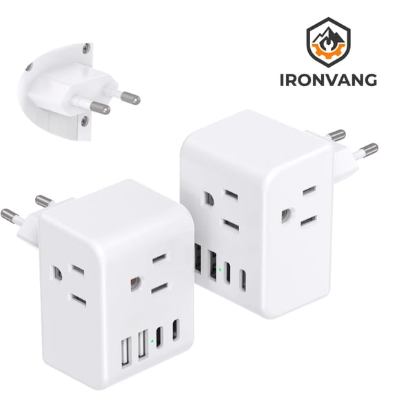 2 Pack European Travel Plug Adapter, Type C International Power Adapter with 3 AC Outlets & 4 USB Ports (2 USB-C), US to EU Plug Adapter for France Italy Germany Spain Travel Essentials