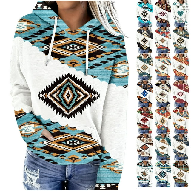Frostluinai Chandails à Capuchon pour Femmes, Vache Aztèque Westerna, Chandails Graphiques pour Femmes, Cordon de Serrage, Molletonné Doublé, Chandail à Enfiler d'Automne avec Poche