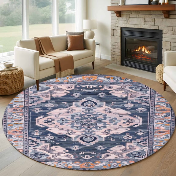 Orange Blue Boho Round Area Rug 5 FT, Non Slip Bedroom Rugs, Ethnic Geometric Middle Century Art Washable Soft Circular Carpet Non-Shedding Floor Mat for Kitchen Dining Room Foyer Balcony Dorm