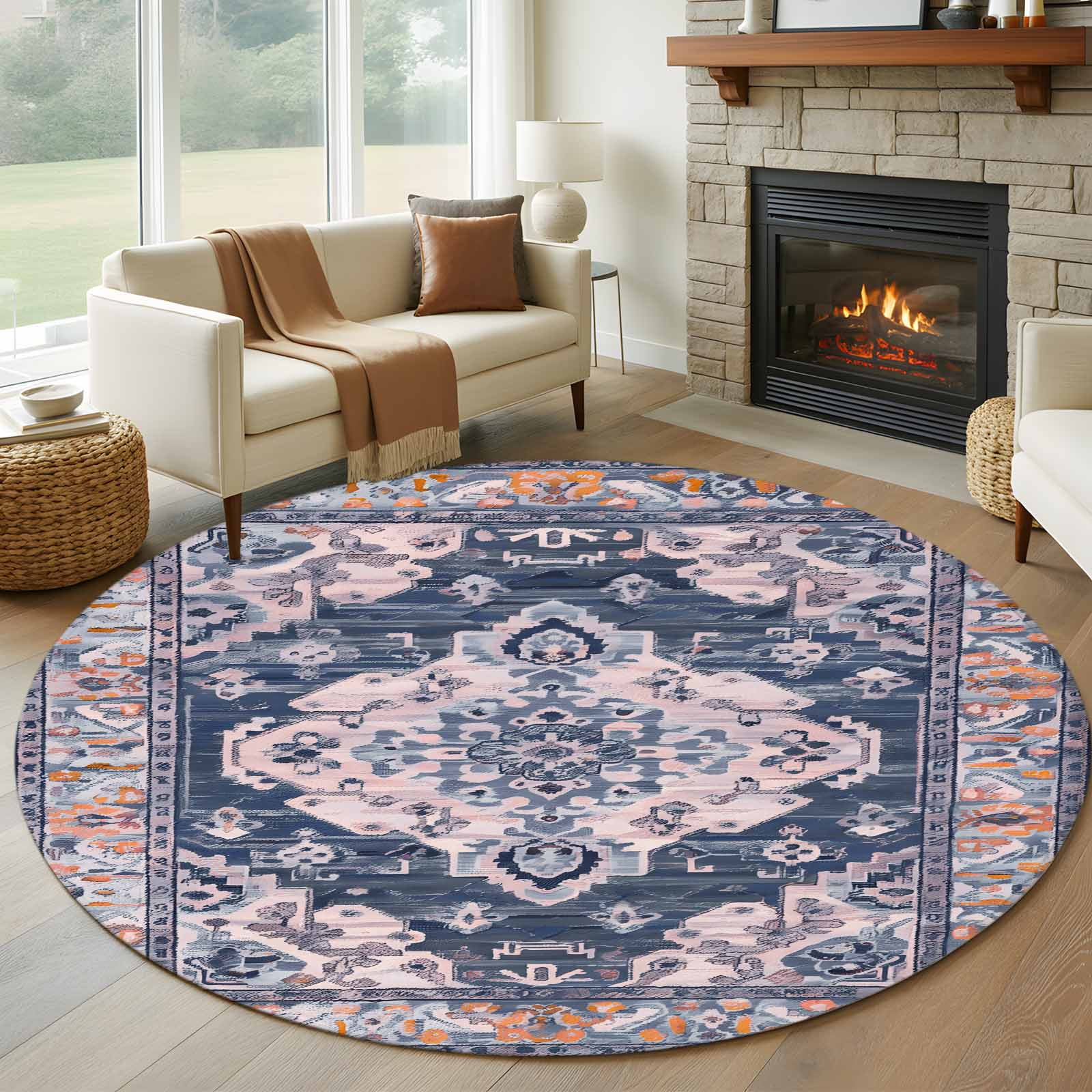 Non-Slip Rug Pad Rugs Vintage Bohemia Ethnic Pattern Round Area Rugs 8Ft Soft Carpet Pads for Living Room Kids Room Boho Geometric Seamless