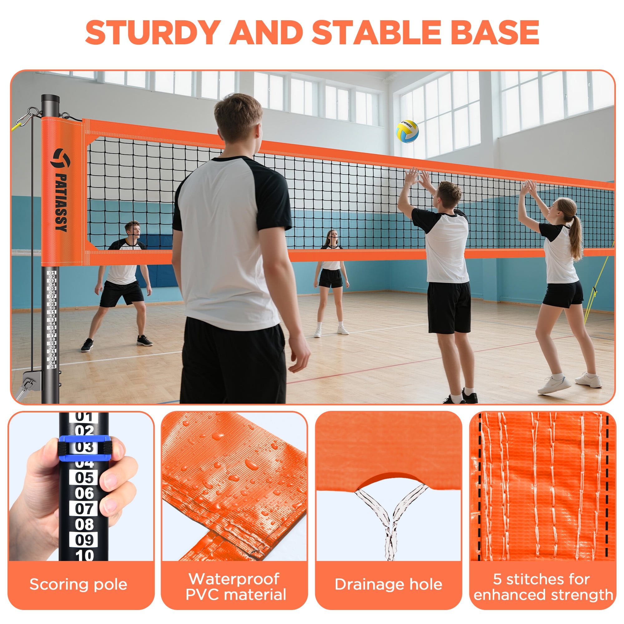 Patiassy Heavy Duty Professional Portable Volleyball Net for Backyard Outdoor with Adjustable Aluminum Poles Winch System Steel Stakes Anti-Sag Design Pump and 1680D Carry Bag for Beach Grass