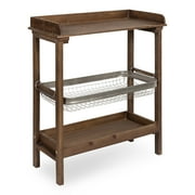 Kate and Laurel Yanisin Farmhouse Chic 3-Tier Table with Galvanized Storage Basket, Warm Rustic Brown