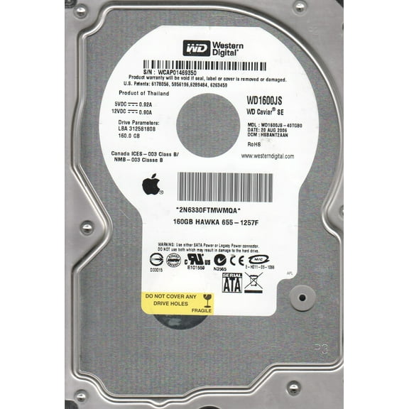 WD1600JS-40TGB0, DCM HSBANT2AAN, Western Digital 160GB SATA 3.5 Hard Drive