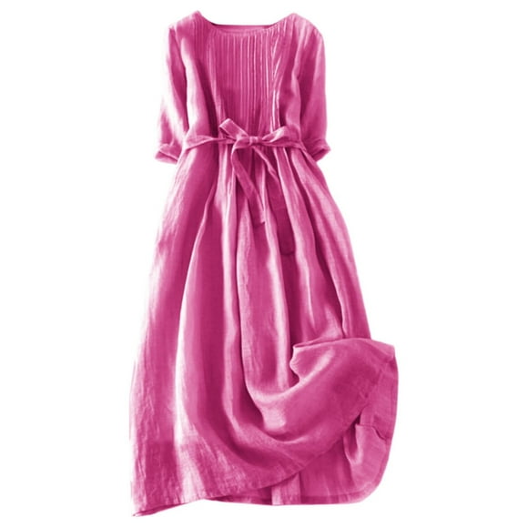 Pink Dresses Women's Cotton And Linen Solid Color Retro Pleated Lace Up Casual Dress With Pockets Formal Dresses for Women