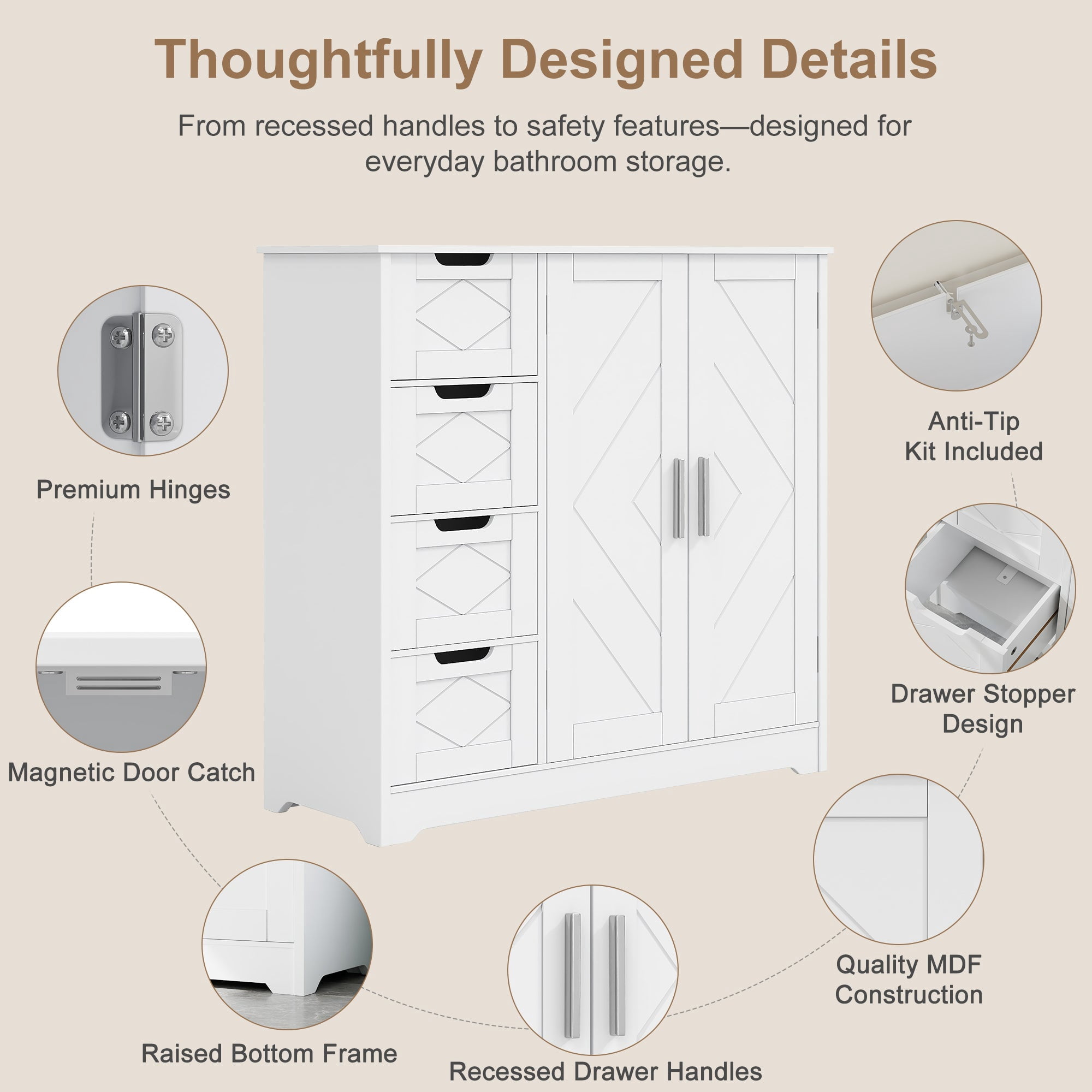 VECELO Bathroom Storage Cabinet, Floor Cabinet with 4 Drawers and Adjustable Shelf, Double Door Storage Organizer for Living Room,Bathroom, Kitchen, Entryway, White