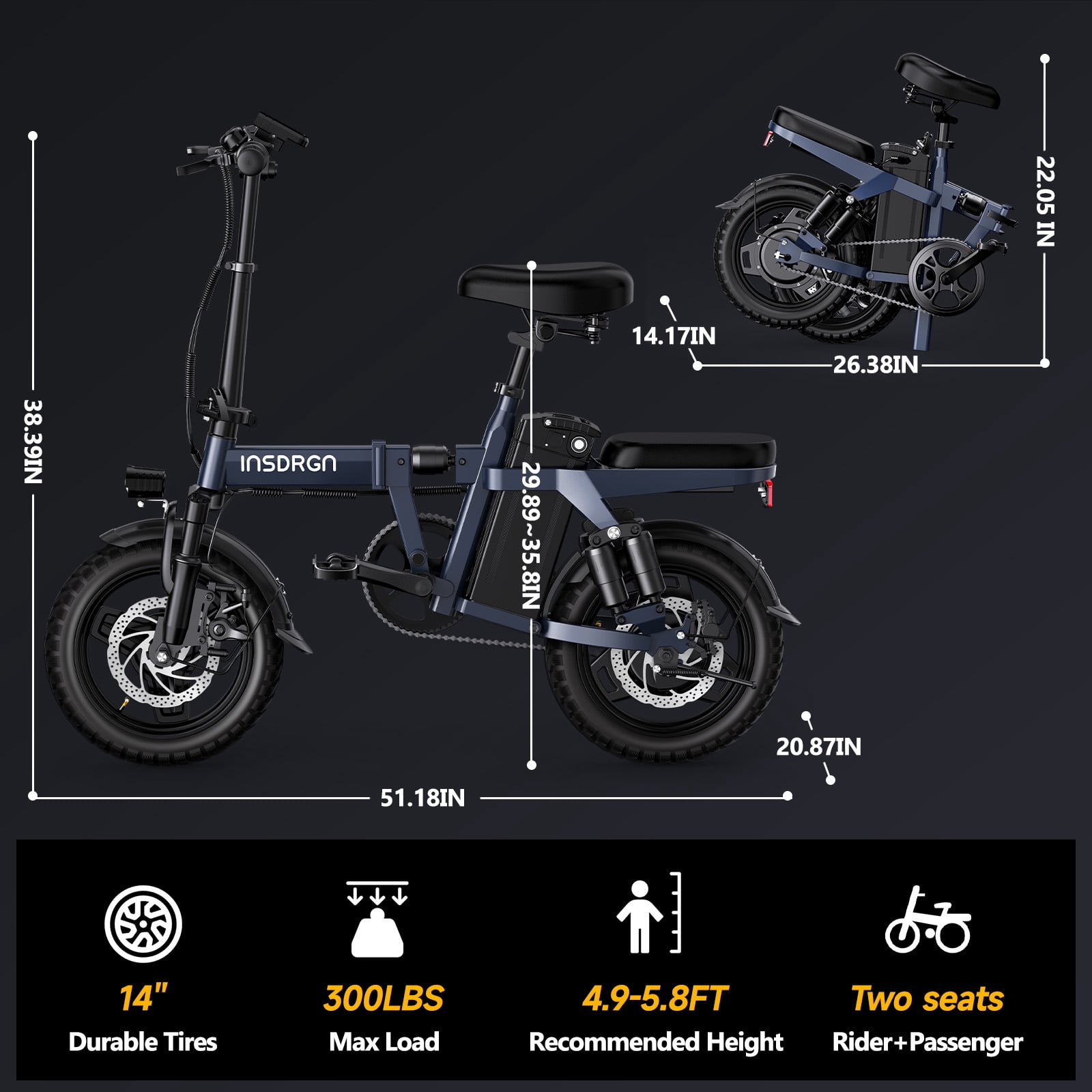INSDRGN Folding Electric Bike for Adults Teens, 1500W Peak Motor, 16AH 48V Battery 14" Electric Bicycles, 35 Miles Range, Mini Ebike for City Commuter, UL2849, Blue