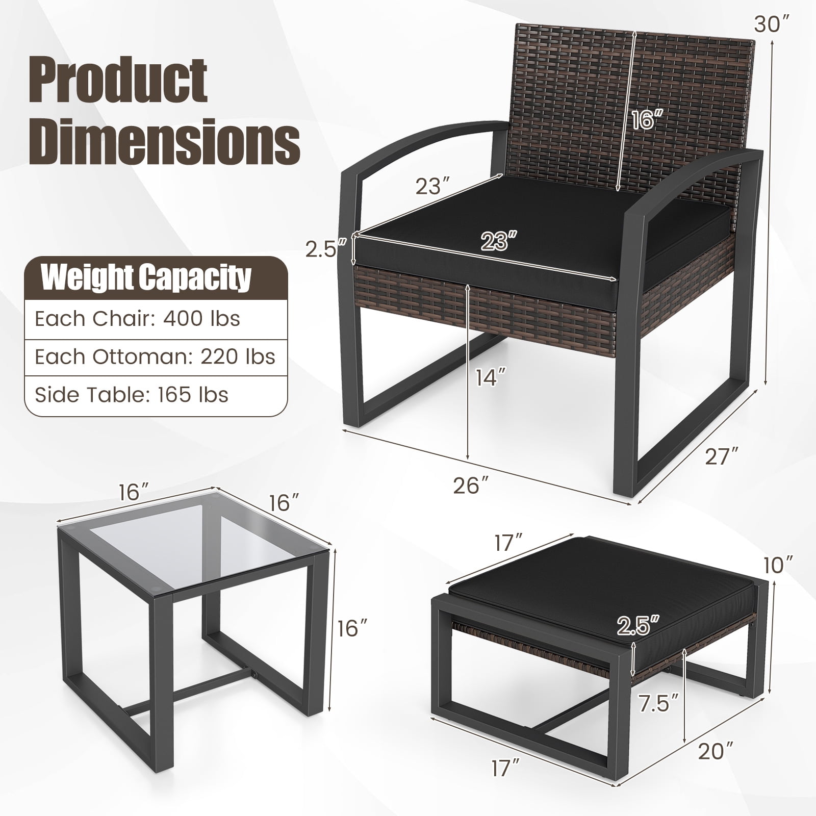 Costway Outdoor Furniture Set, Patio Rattan Conversation Set for Balcony,Porch, Backyard Mix Brown + Black