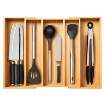 VEGCOO Bamboo Adjustable Kitchen Utensil Organizer, 17" x 21" Silverware Tray with Drawer Dividers, Natural Bamboo Flatware Holder for Kitchen and Home Use (3-5 Slots)